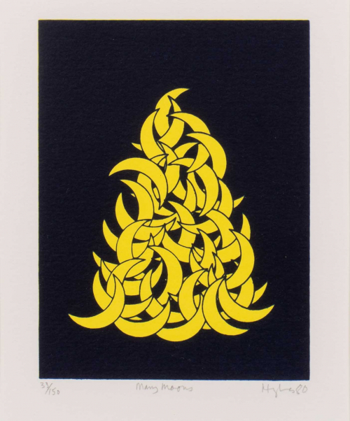 A big pile of yellow crescent moons are against a black screen print background.