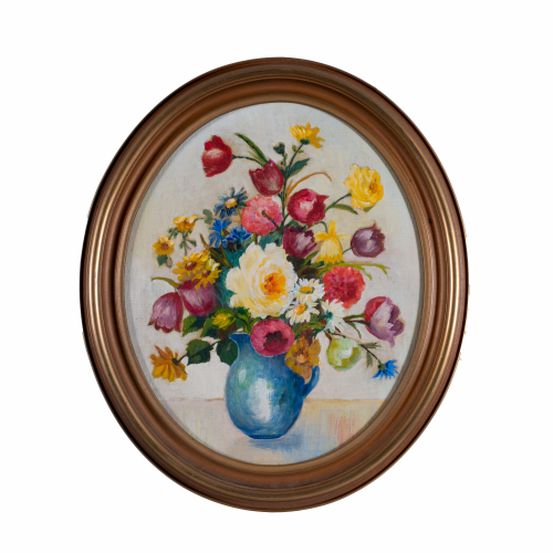 Oval image depicting a blue pitcher with an arrangement of cut flowers.