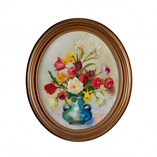 Oval image depicting a blue two-handled vase with an arrangement of cut flowers.