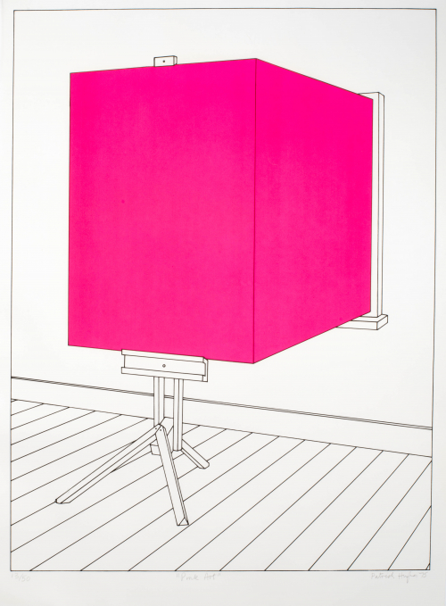 Neon pink box out of windowsill, setting on easel, all but box; black line drawing on white; perceptual illusion