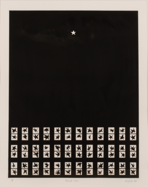 background is black with a white star at top, bottom thirty-six boxes with odd shaped stars set in three rows and two columns