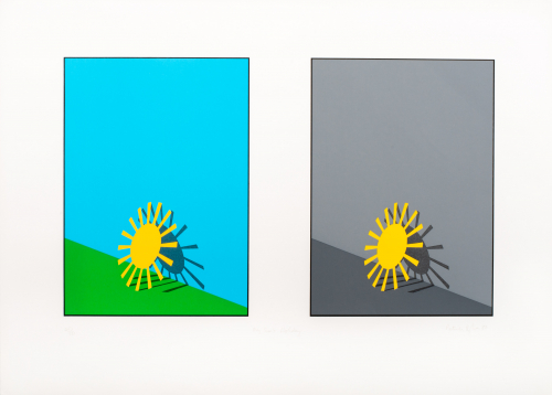Two identical prints of a sun with rays projecting leaning against a wall and casting a shadow. 