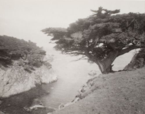 Landscape with body of water extending diagonally from LL with steep, rocky embankments rising on both sides. Tree in right half