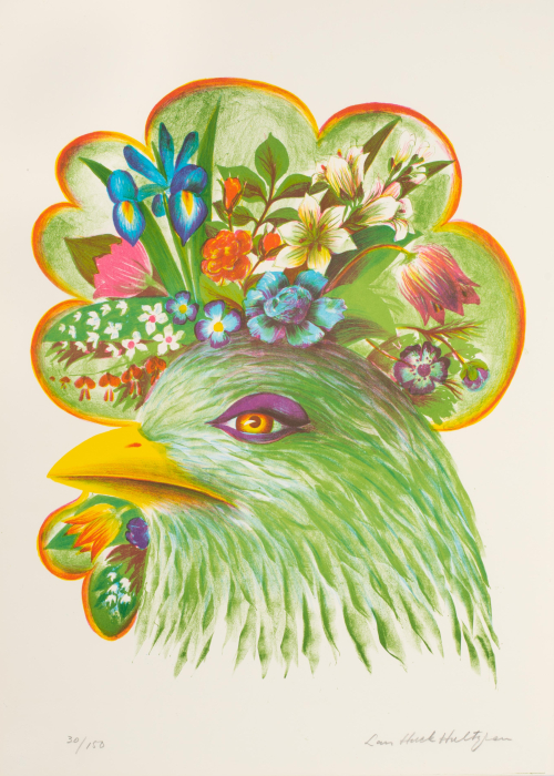 Profile of large green bird, floral arrangement above head