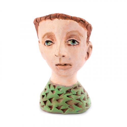small head and bust in a goblet form, painted with green clothing and eyes and reddish-brown hair