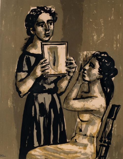 green toned depiction of two women, one is seated and the other standing is showing the seated one a picture