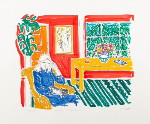 Loose colorful depiction of a windowed room. A woman is sitting in a chair on the lower left with a cat resting in her lap. 