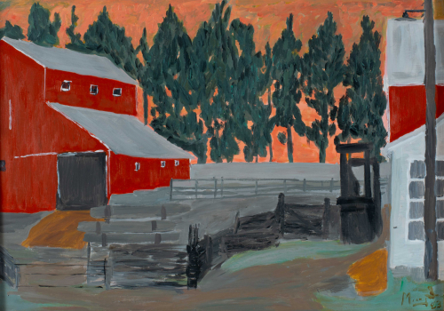 Barnyard landscape with buildings to the right and left, a fence in the lower, and trees and orange sky in the distance