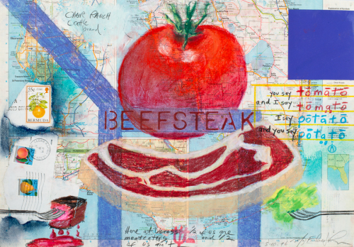 A complex mixed media drawing on a road map. The primary images are a tomato and a steak, other smaller images throughout