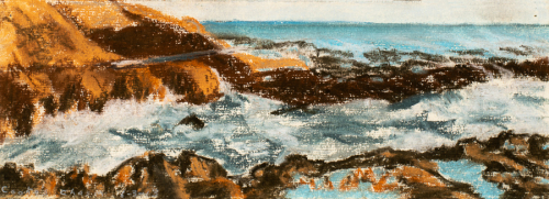 a rocky shoreline with crashing waves and a distant horizon in the far upper section of the composition.