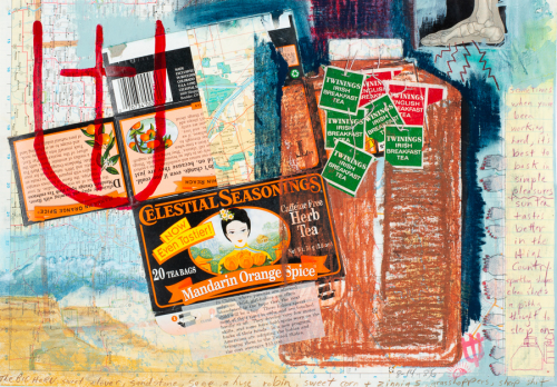  complex mixed media drawing on a road map. The primary imagery includes actual product packaging from tea