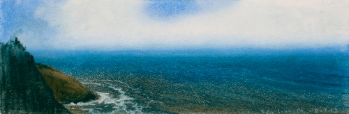 deep blue ocean and atmospheric horizon with a hilly shoreline just in the lower left corner.