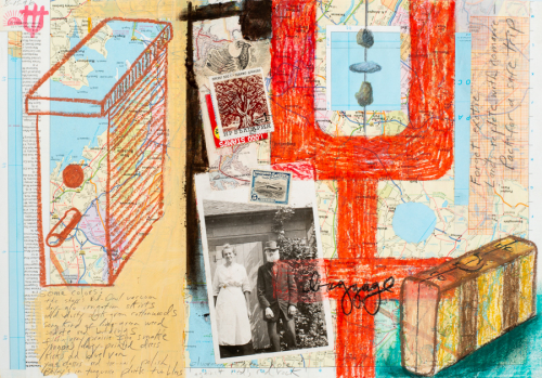  complex mixed media drawing on a road map. The primary images are a stylized rectangular birdhouse and a photo