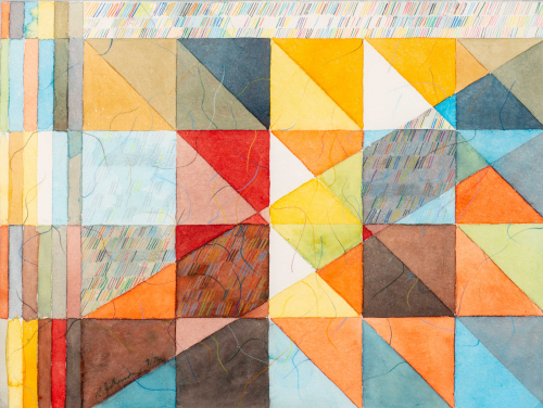 watercolor using earth tones.  The composition is made up of triangles, rectangles and squares that resemble a patchwork quilt.