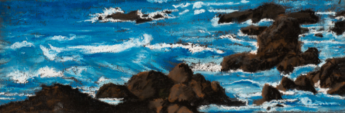 The drawing depicts a deep blue sea with waves and intermittent dark stone formations, mostly in the foreground and to the right