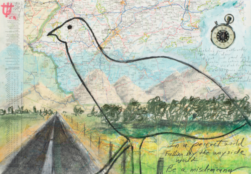 complex mixed media drawing on a road map. Images include: a landscape featuring a blacktop highway, a stylized bird in contour.