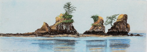 three rocky islands in the water at the horizon line. The far left and far right islands have prominent trees growing 