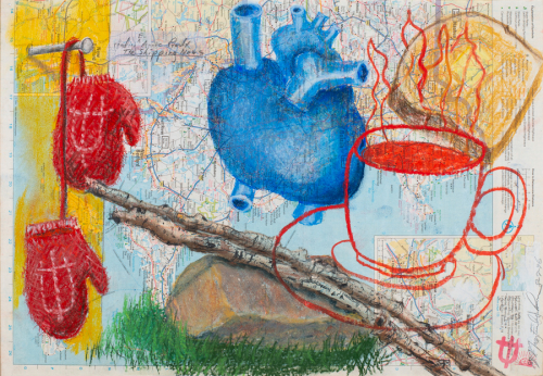 Mixed media drawing of objects on a map. Images include parallel sticks atop a stone, red mittens, blue heart, cup