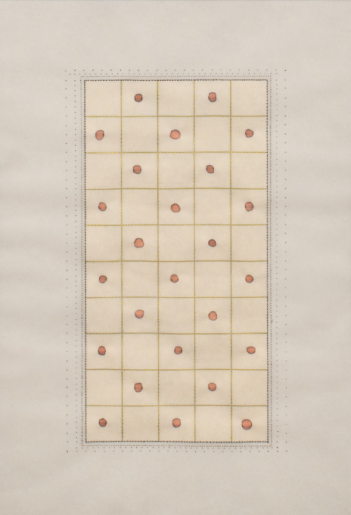Vertical rectangular composition on a white ground consisting of squares, dots, and circles, in pinks, blacks, and gold.