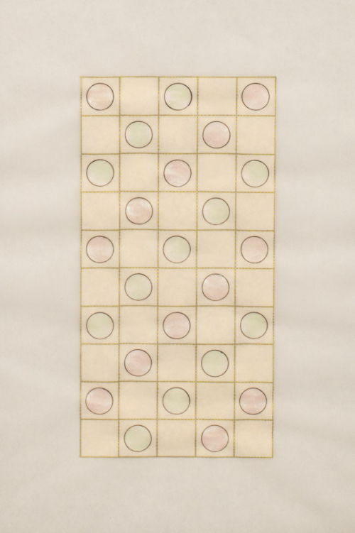 Vertical rectangular composition on a white ground consisting of squares and circles in gold and pearlescent pink and green.