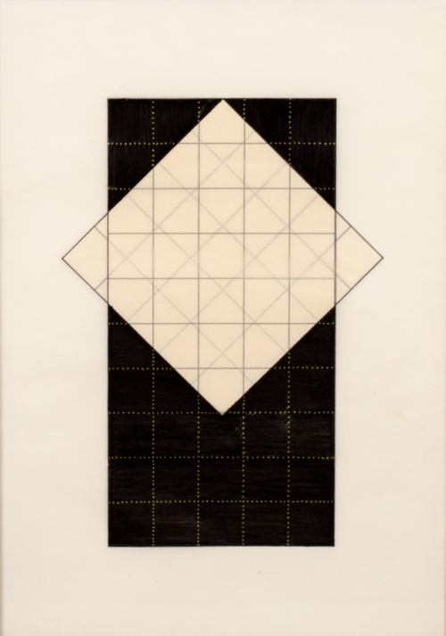 yellow- and black-dotted squares some of which are filled in with black. The rectangle in intersected with a large diamond shape