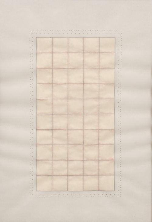 rectangular composition on a pearlescent white ground gridded in squares with light pink, which seeps around the interior