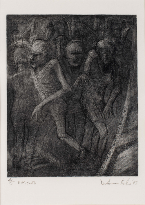 Skeletal, prowling figures in shades of gray and white make up the composition.  Words are written into a band of light gray on 