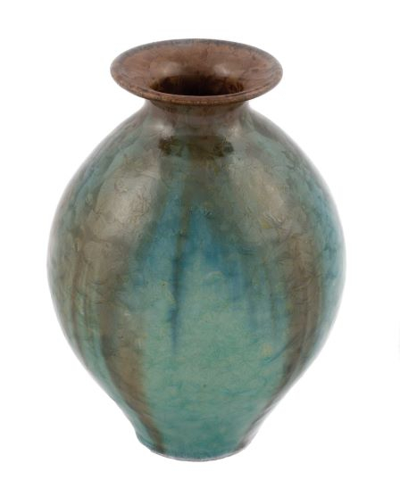 small egg-shaped bud vase with a wide rim glazed in brown and green