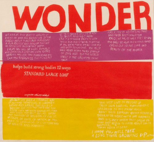 Horizontal print with large, all-caps "wonder" on top portion of work with quotes and instructions throughout the piece