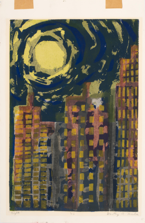 Brushy geometric, abstract scene of a cityscape at night with a large yellow moon