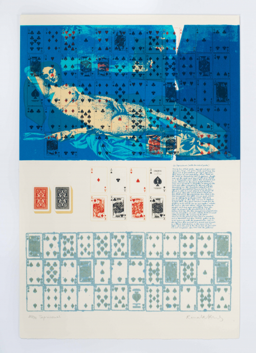 Blue rectangular space in top with outstretched female nude; upturned cards overlapped on image in rows and columns.