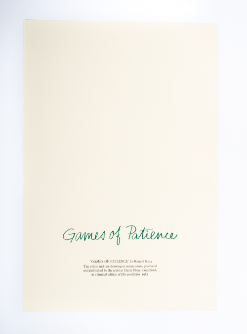 Front title page of portfolio, "Game of Patience" printed in green cursive about a quarter of the way up form the bottom