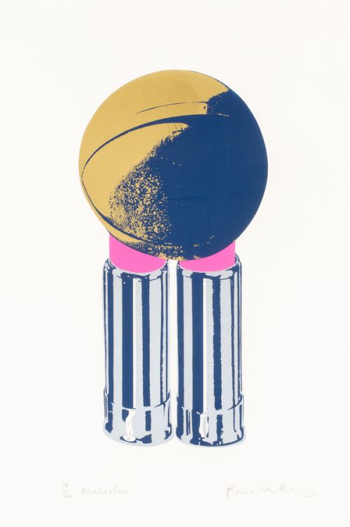colorful print of a trophy like object a ball on two "legs"/pillars at center of composition. colors are blue, pink and yellow.