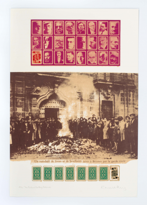top - pink-toned grid 3 rows of 8 cards with male faces on them one king. middle - large image of people surrounding a fire.