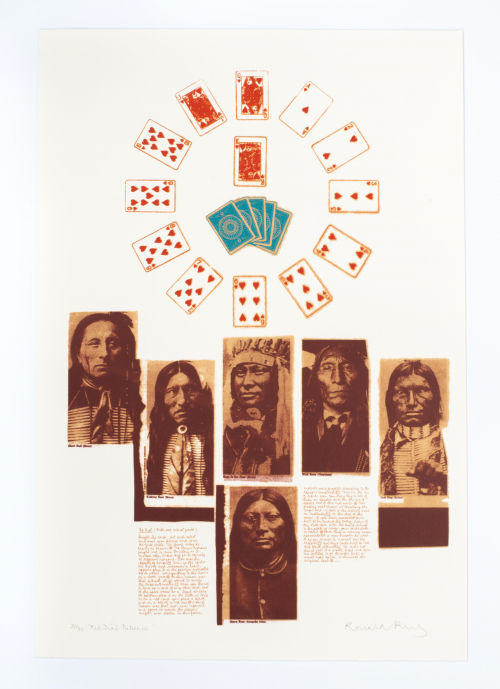 Red cards arranged in a circle on top half;  lower half has six portraits of Native American leaders.