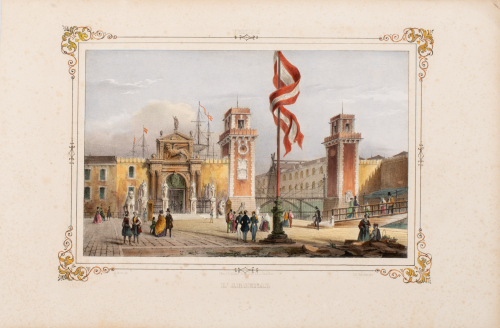 City scene; arsenal with people walking out front; ship behind arsenal; clock-tower; large flagpole in town square