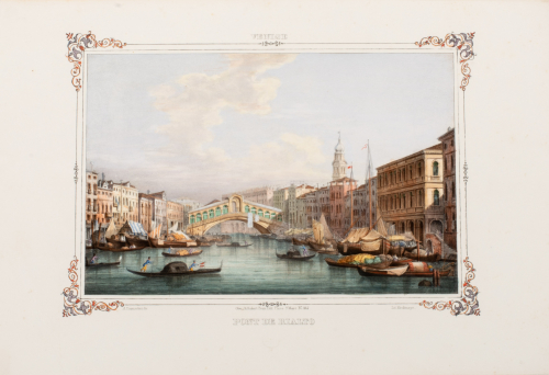 Canal / bay scene; boats with buildings on either side; bridge connecting buildings in middleground; bridge at center of scene; 