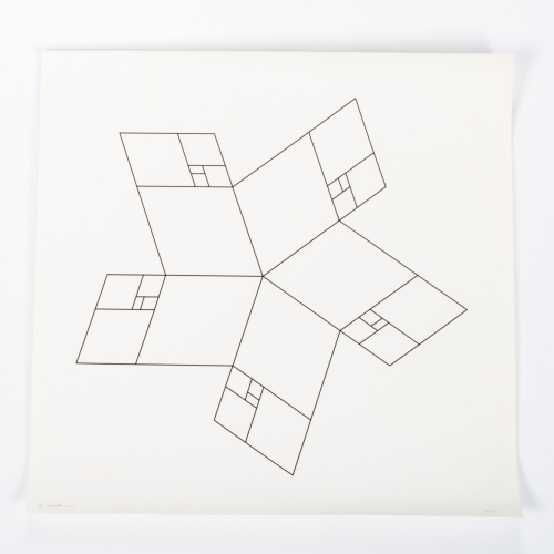 A series of five interlocking rhomboids in a radial composition.