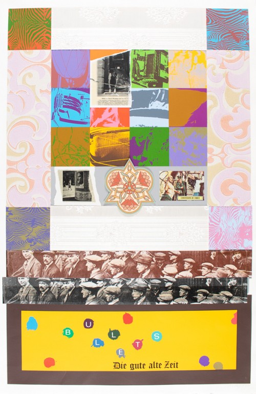 Print collage -  covered with wall paper samples or of various common objects in two-tone color, as well as a photo and words