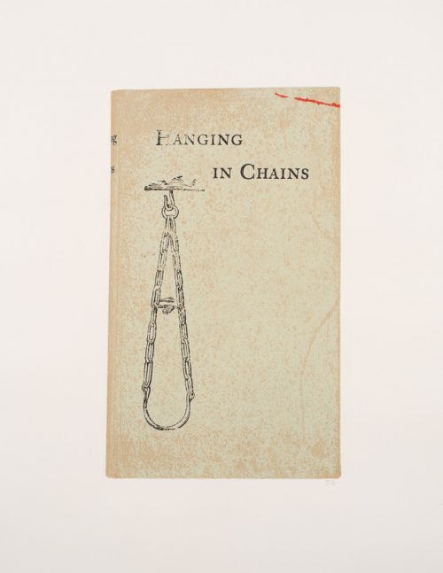 print of an antique book cover with hanging chain depicted 