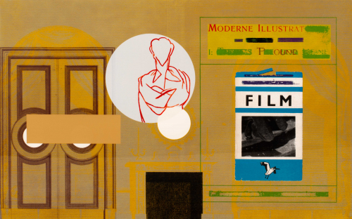 Ochre background; double doors on left side; box with words, "moderne illustration and film"