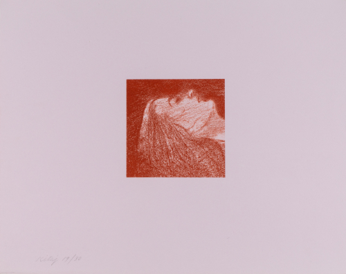 Red print set against a pale pink paper. A woman's head in profile hair flowing, her mouth slightly open, her eyes closed  