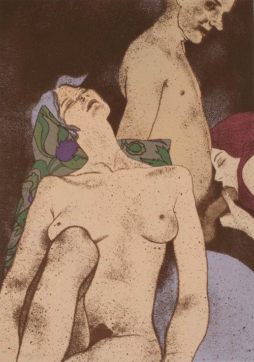 Three nude figures: the main figure is a woman head tilted sitting, behind a man stands looking with a woman performing fellatio