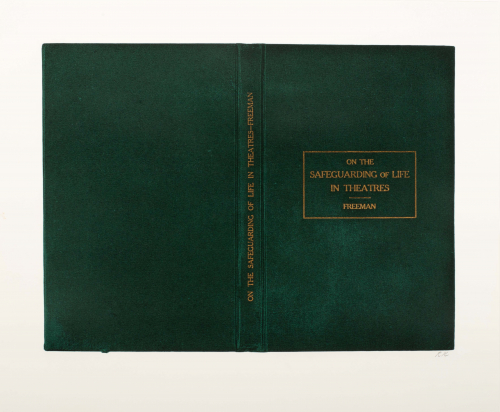 Dark green cover of a book, gold lettering binding and on the front cover surrounded by an outline of a rectangle.