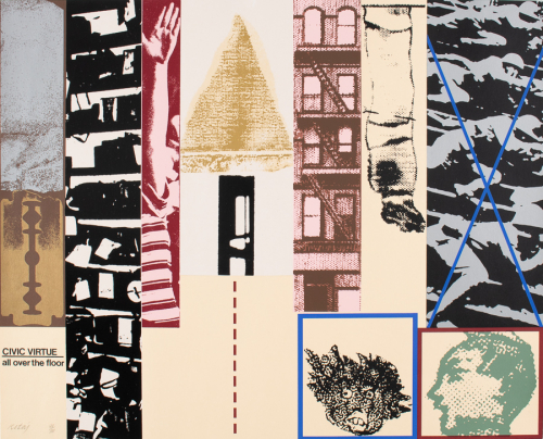 Collage of buildings, people and objects printed on manilla paper