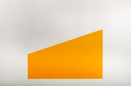 Big yellow parallelogram with the signature on the right side.  Illusion of a whole square made.