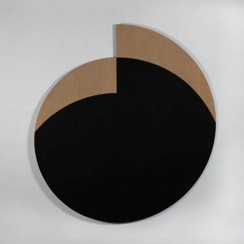 Linen stretched over wood; circular, with black and gray/tan