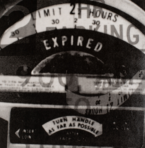 Photograph of a blurry montage of time expressions, such as "limit 2 hours" and other images related to parking meters