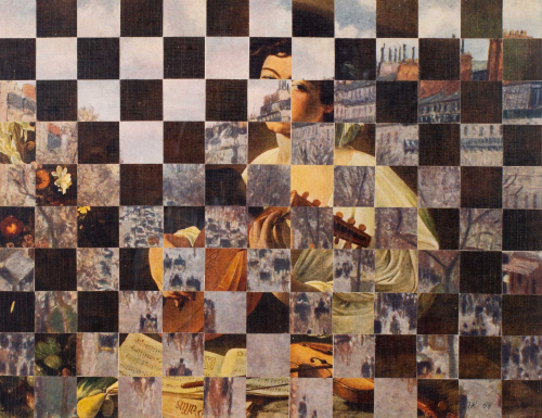 Two Dutch master paintings cut apart and then rearranged in a checkerboard formation