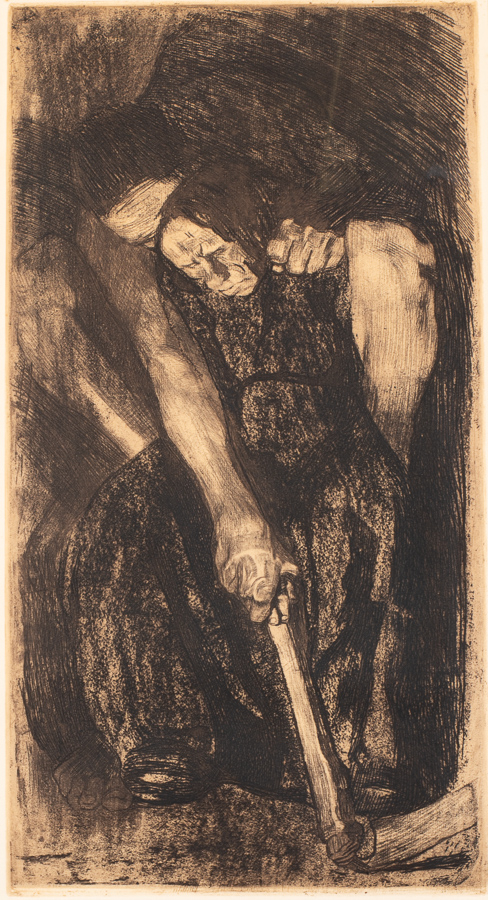 A dark image of a fully clothed figure slightly bent forward from the weight of another figure who is crouched behind